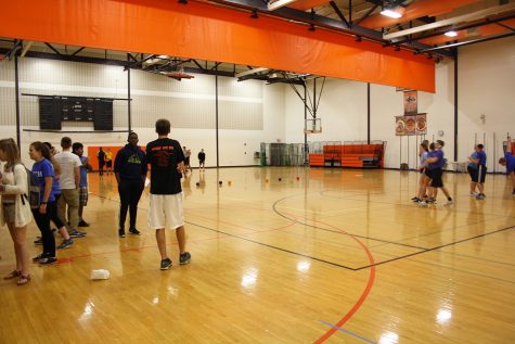 Mr. Lawler and Mrs. Lopez's AP psychology classes get ready to face off in a dodgeball tournament 