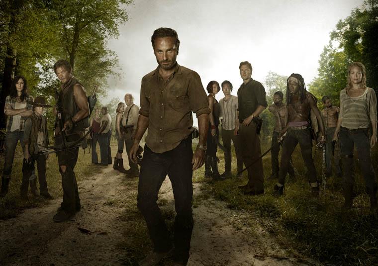 The cast of The Walking Dead lead by Rick Grimes (Andrew Lincoln)