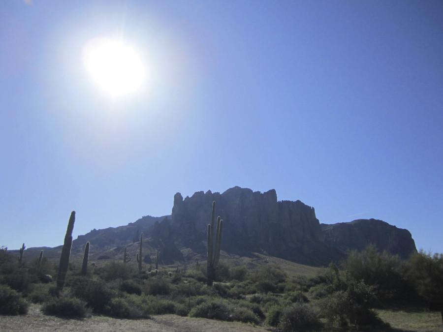 This is the Superstition Mountain, (elevation 5,059 ft) we’re about to hike up under the blazing sun. 