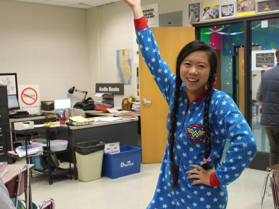 Lili Wang (10) sports a Wonder Woman onesie for pajama day. (Melissa Schill)