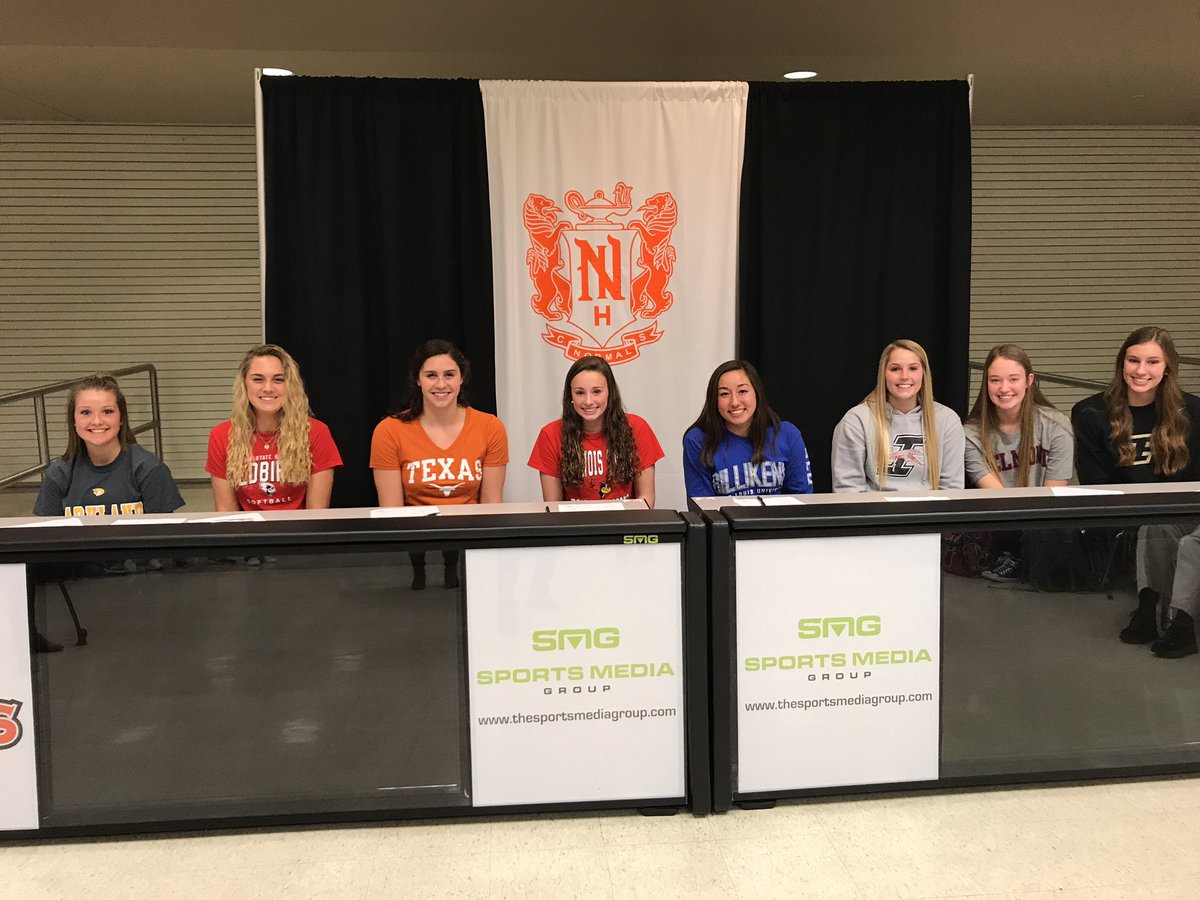 NCHS athletes who signed on Nov. 9 (from left to right): Ashley Klinzing - softball, Parkland. Mackenzie Leonard - softball, Illinois State Univ. Grace Ariola - swimming, Texas. Julia Oostman - swimming, Illinois State Univ. Claire Koh - swimming, St. Louis Univ. Makenna Barnhart - volleyball, U of Indianapolis. Peyton Kelley - volleyball, Belmont. Grace Cleveland - volleyball, Purdue.