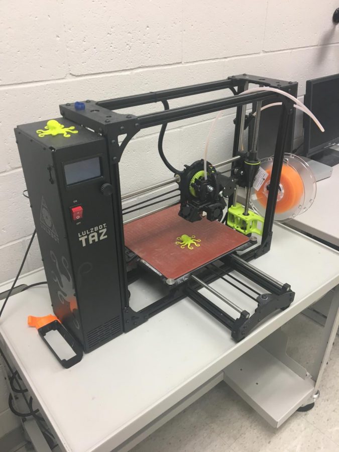 A 3D printer resting in the computer science room of NCHS available to programming classes and the Girls Who Code club.