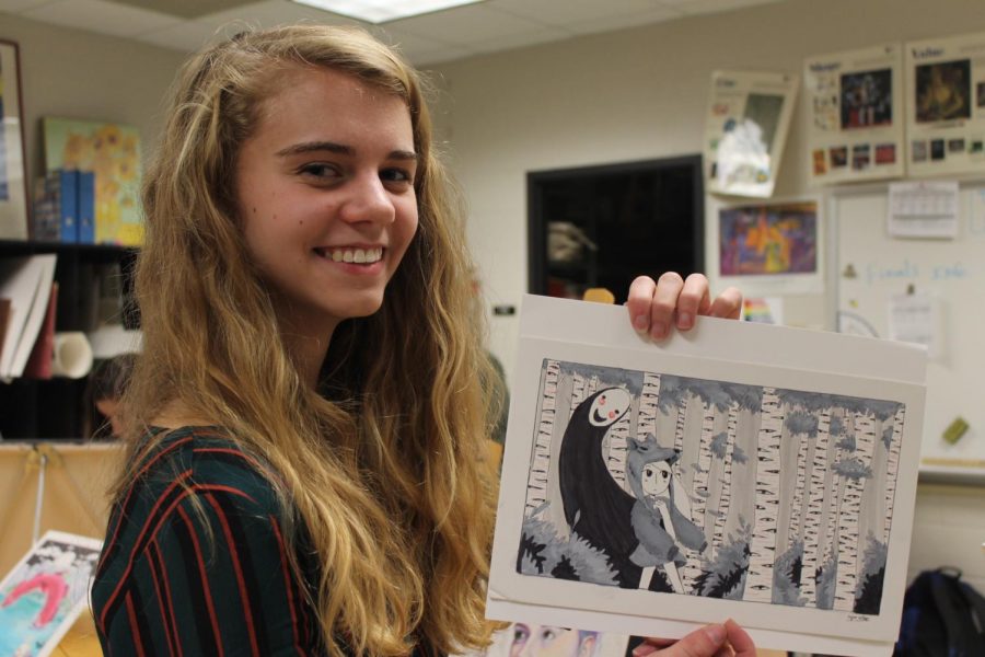 Advanced Art Studio II student, Megan Fulton (11) poses with her artwork.