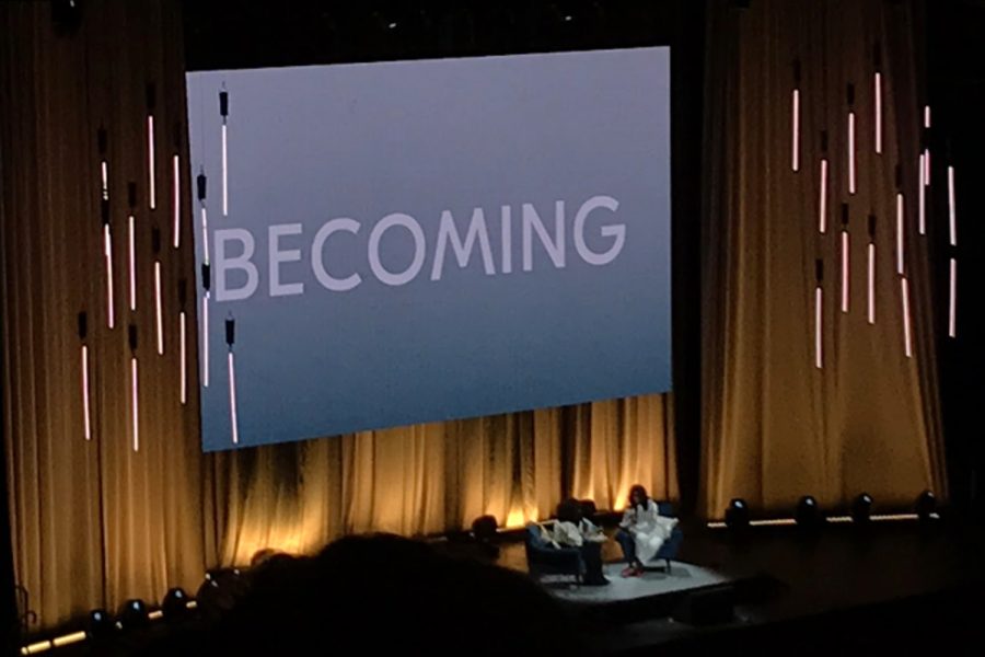 Michelle Obama and Oprah Winfrey on stage in Chicago at the United Center as they discuss Obama’s new memoir. 