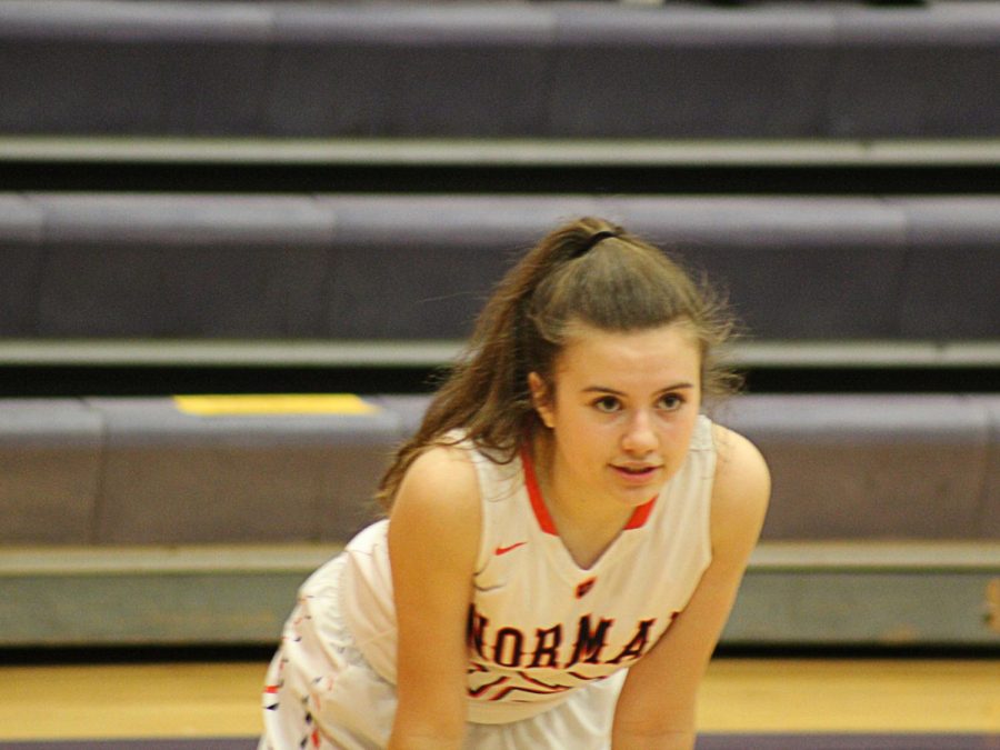 Madison Feeney looks downcourt during the Lady Irons Regional win over Danville. 
Feeney, a sophomore, is expected to be an impact player next year on the varsity team.
