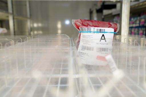 The American Red Cross has declared an emergency shortage with CODID-19 impacting donations and high demand. Pictured: The blood bank supply at Vanderbilt University Medical Center on Monday, March 11, 2019 in Nashville, Tenn.