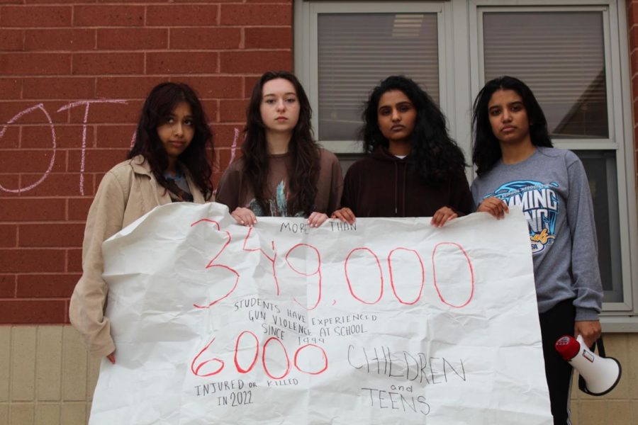 The event’s organizers–Avani Rai, Pritha Chatterjee, Lilly McClelland and Karthika Nair– presented a poster stating “349,000 students have experienced gun violence at school since 1999. 6000 children and teens injured or killed in 2022.”