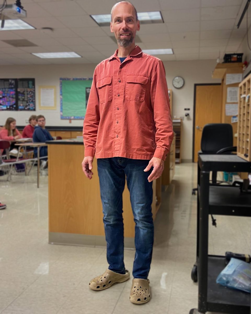 Bergmann shows off his classic Crocs in celebration of National Croc Day. Teaching in Crocs lets Bergmann maximize his comfort, proving his motto: Happy feet, happy person.