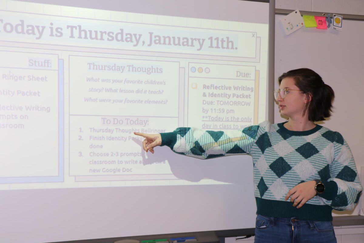 Ms. Cassie Adelman goes over the daily agenda with her 6th hour English II class.
