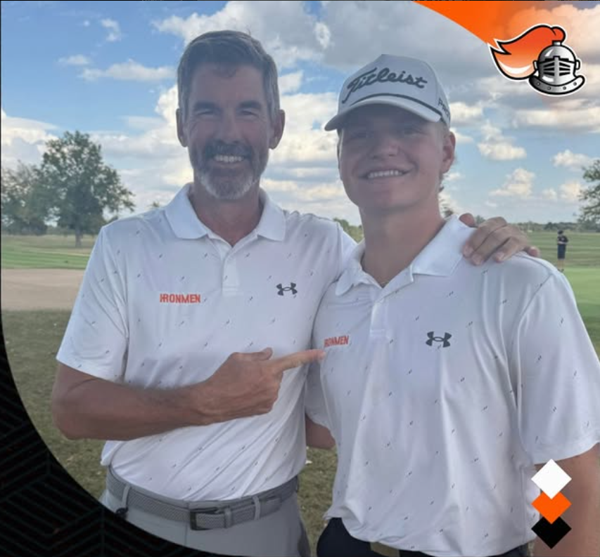 Drew Stevens poses with varisty golf coach Mr. Nathan Foster after qualifying for the IHSA 3A State Golf Finals. 
Photo Courtesy of: Community Athletic department