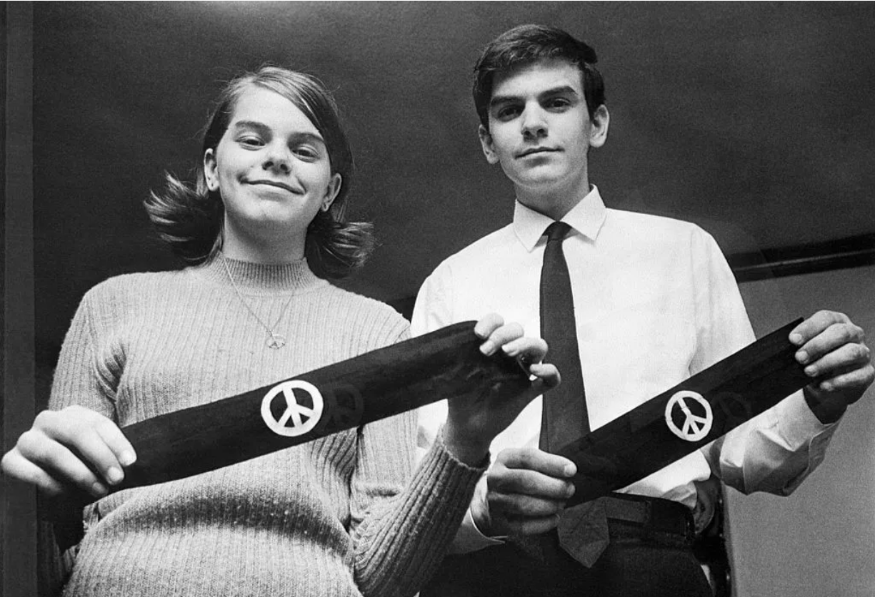 Mary Beth Tinker and her brother, John, display black armbands March 4, 1968, in Des Moines, Iowa. 
They were among five students suspended for wearing the armbands to protest the Vietnam War. The case reached the U.S. Supreme Court, which ruled for the students in 1969. 
Photo Courtesy of: Bettmann Archives