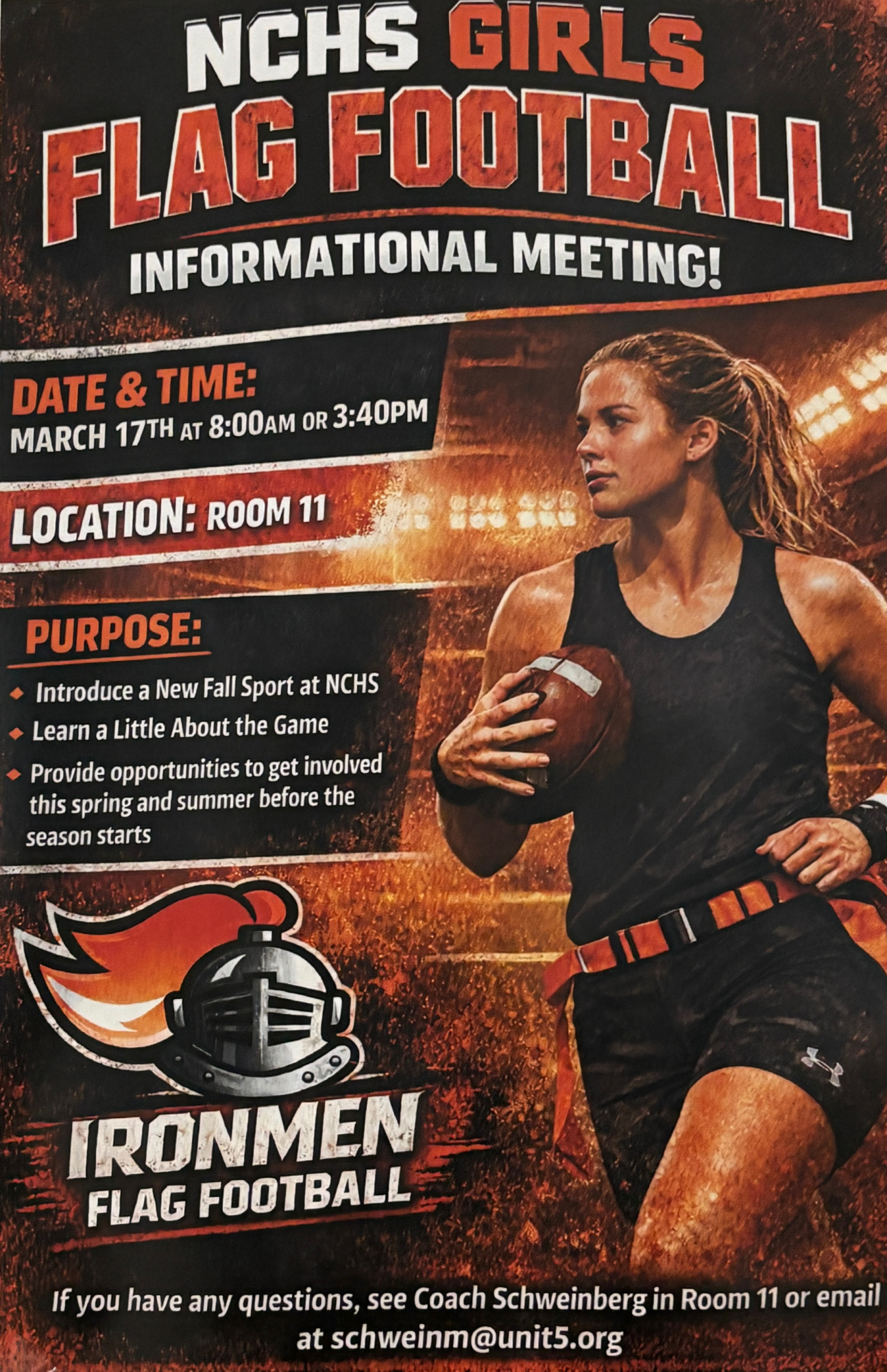 Posters advertising an informational meeting for Community’s new girls flag football program are displayed throught the school. The meeting is scheduled for March 17 in Room 11 and invites students to learn about the sport and ways to get involved before the fall season.