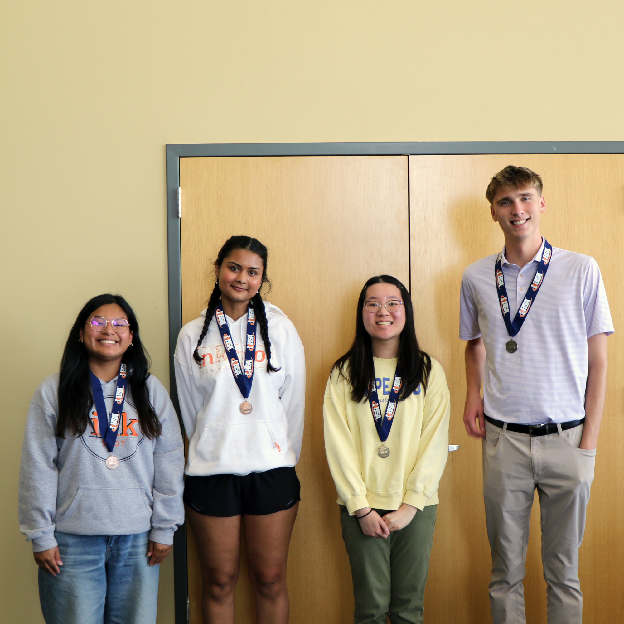 Five Inkspot staffers, across four events, medaled at the IHSA State Journalism competition. L to R: Arwen Georgas, Vidushi Shukla, Anna Chang, Brady Phelps and, not pictured, Rex Rowley. 