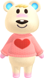 Don’t let the pink sweater fool you—this is still one of the few animals on Earth that might look at you and think, “lunch.” 
The heart on its chest is cute, but make no mistake: a polar bear is fully prepared to devour yours.

Image Capture: Nintendo's Animal Crossing: New Horizons